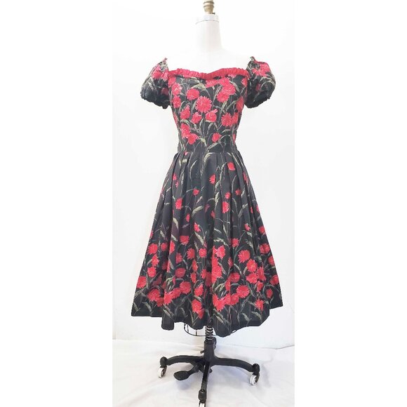Vintage 1950s Womens Fit & Flare Red FLoral Black Cotton Pinup Party Dress - Picture 9 of 10